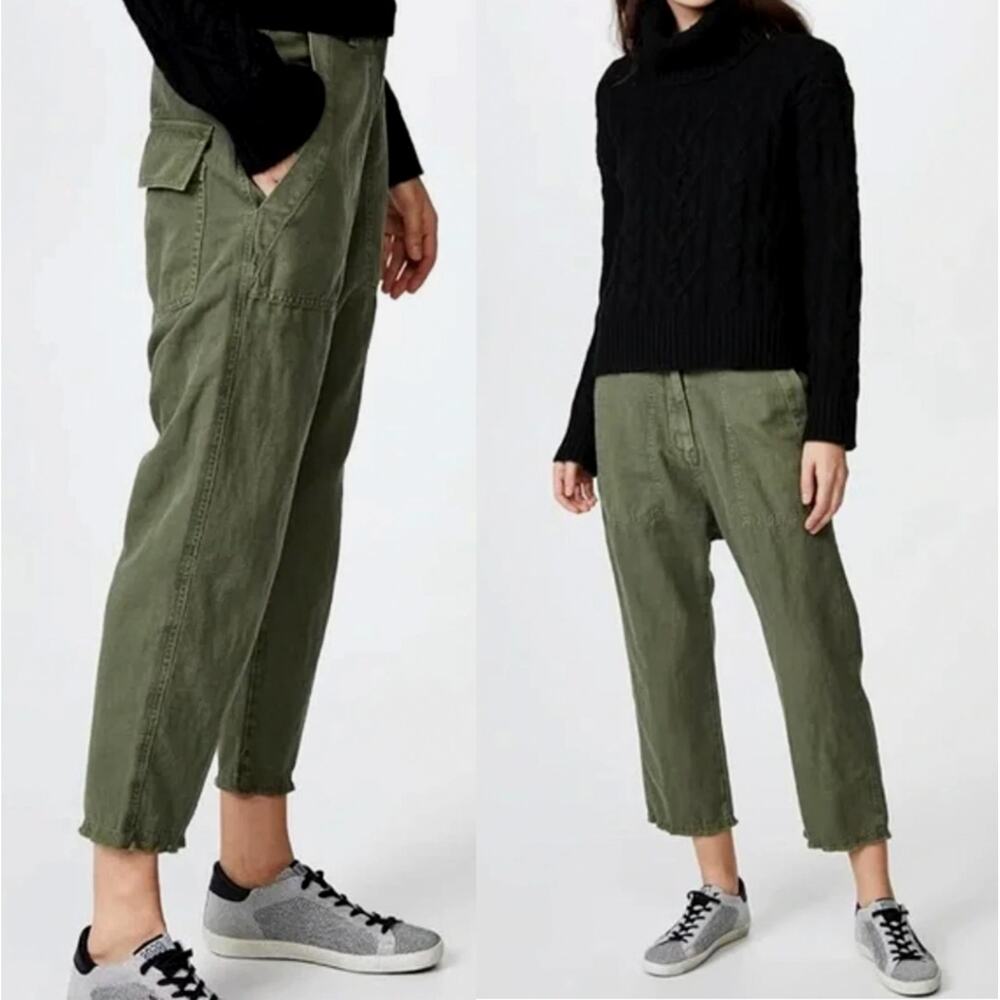Nili Lotan Slouchy Linen Luna Pants $395 Drop Crotch Cropped Army Green 00
